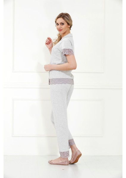 %100 Cotton Kısa Kol Gömlek Yaka Pijama Takımı 98019 Gri M modelleri