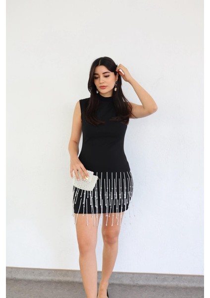 Sarkıt Incili Scuba Siyah Elbise