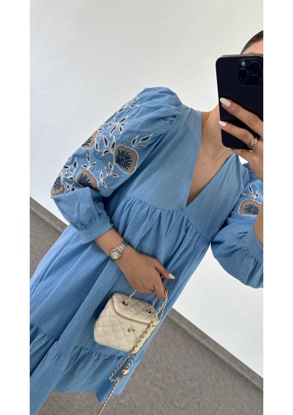 Kol Nakışlı Mavi Keten Elbise indirimleri