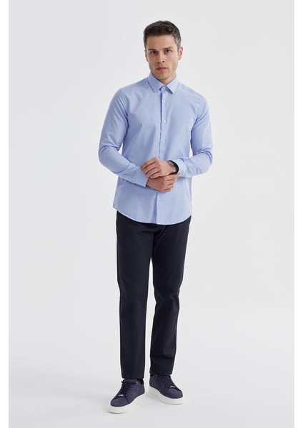 Mavi Slim Fit Desenli Cepsiz Erkek Gömlek
