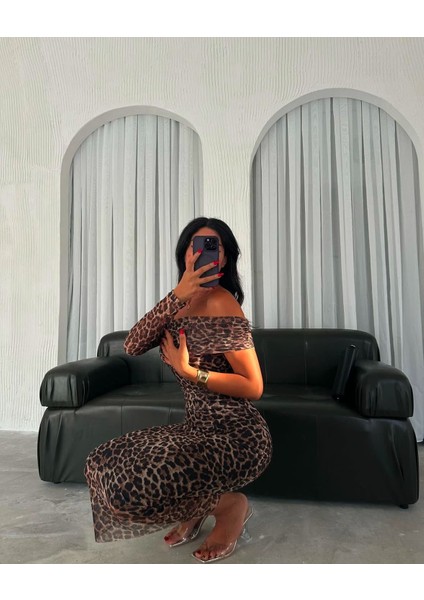Leopar Tek Kol Maksi Boy Tül Elbise M