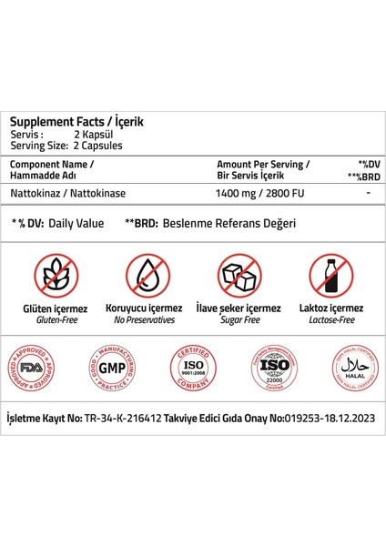 Nattokinase 1400 mg / 2800 FU 60 Capsules modelleri