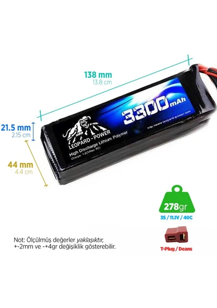 Leopard Power 3300 mAh 11.1V 3S 40C Lityum Polimer Lipo Batarya Pil T Plug