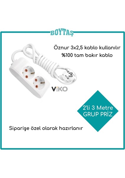 2'li 3 Metre Grup Priz - Beyaz (Öznur 3 * 2,5 Kablo Kullanılır) Fırın ve Isıtma İçin Özel Hazırlanır