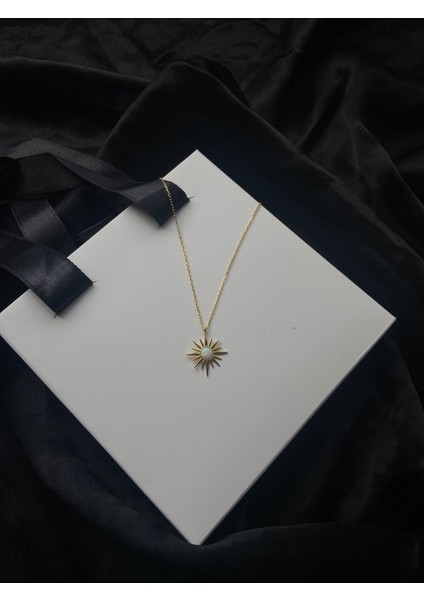 14K Altın Kaplama Beyaz Opal Taşlı Kutup Yıldızı Gümüş Kolye