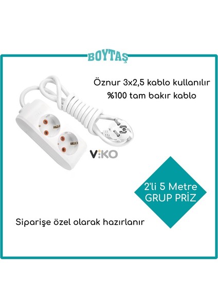2'li 5 Metre Grup Priz - Beyaz (Öznur 3 * 2,5 Kablo Kullanılır) Fırın ve Isıtma İçin Özel Hazırlanır
