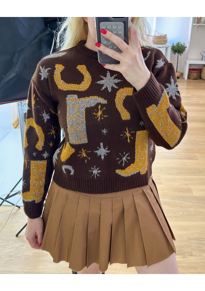 Yaldız Detaylı Yün Karışımlı Kovboy Kazak