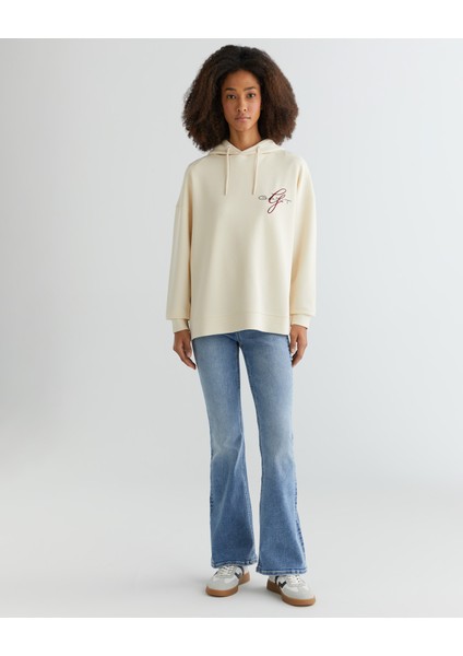 Kadın Krem Oversize Fit Kapüşonlu Logolu Sweatshirt 42524330T.130