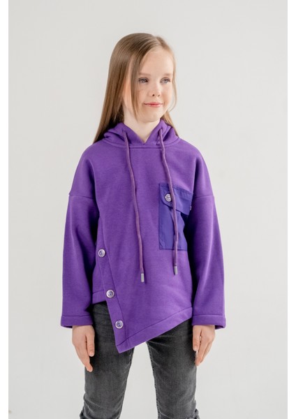 Kız Çocuk Cep Detaylı Kapüşonlu Üç Iplik Sweatshirt G4517