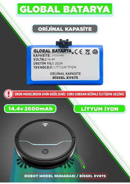 Bissell EV675 Uyumlu Akıllı Robot Süpürge Bataryası 14.4V 2600MAH Pil ( Kapasite)