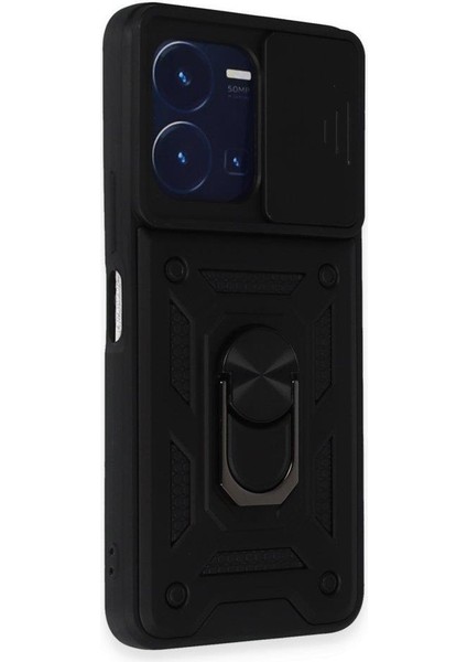 Vivo Y35 Ile Uyumlu Kılıf Kamera Korumalı Sürgülü Yüzüklü Standlı Tank