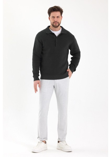 Erkek Regular Fit Pamuklu Polo Yaka Düğmeli Haki Triko Kazak fiyatları