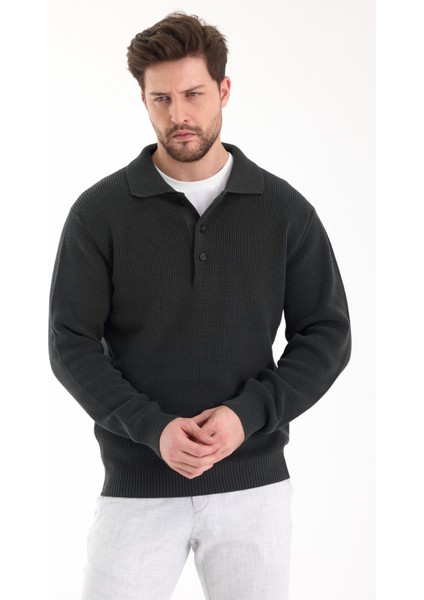 Erkek Regular Fit Pamuklu Polo Yaka Düğmeli Haki Triko Kazak modelleri