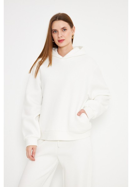 Kadın Kapüşonlu Sweatshirt Ekru