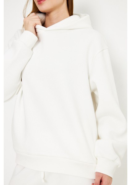 Kadın Kapüşonlu Sweatshirt Ekru