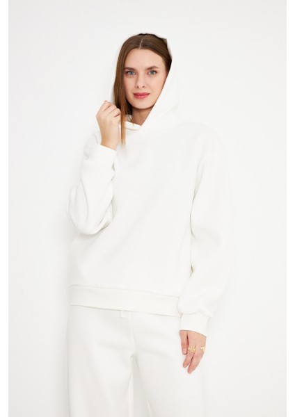 Kadın Kapüşonlu Sweatshirt Ekru