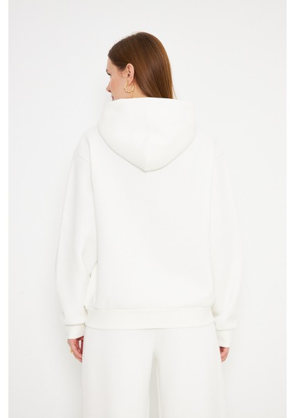 Kadın Kapüşonlu Sweatshirt Ekru