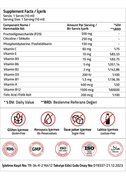 Kids Citicoline 250 mg + FOS 500 mg + Phosphotidylserine 150 mg + Vitamin Complex 150 ml Syrup modelleri