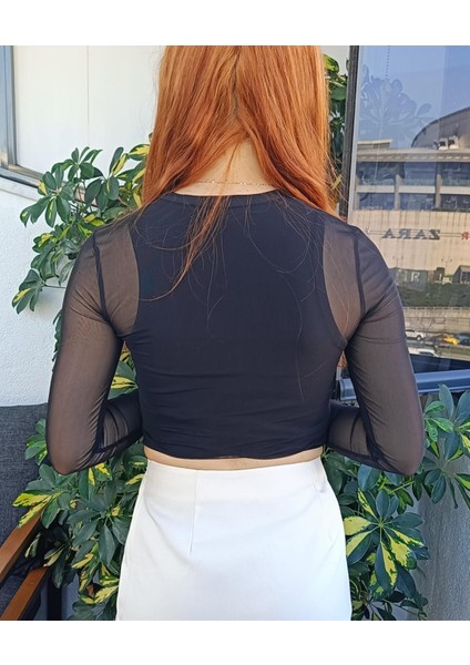 Siyah Uzun Kol Tül Transparan Kadın Bluz/body/badi 2795