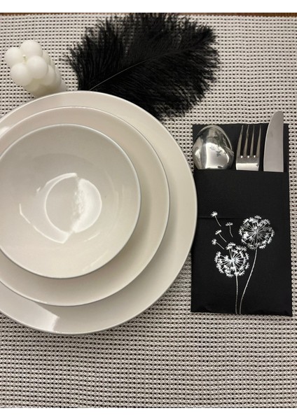 Gümüş Yaldızlı Siyah Cepli Hindiba Çiçeği Peçete 12 Adet