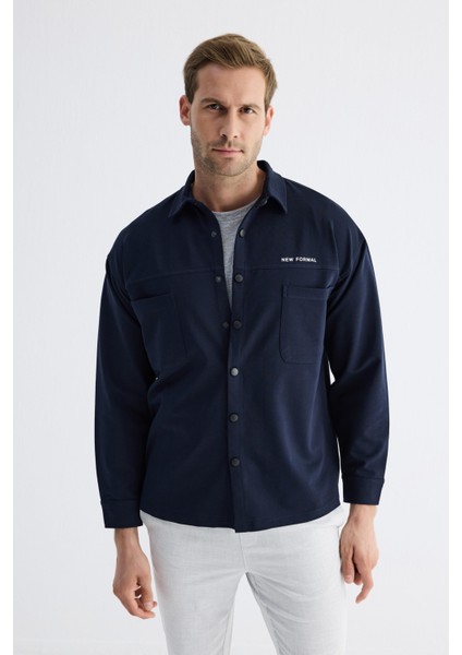 Çıtçıt Detaylı Slim Fit Sweatshirt Erkek Lacivert Dış Gömlek