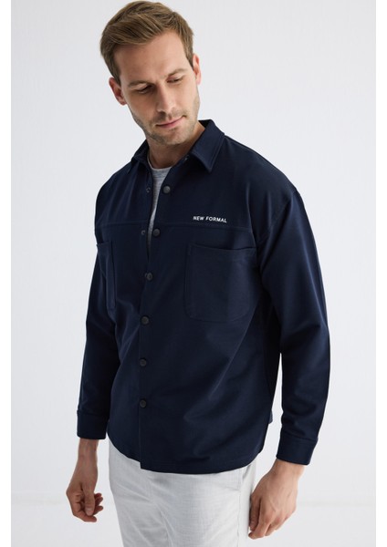 Çıtçıt Detaylı Slim Fit Sweatshirt Erkek Lacivert Dış Gömlek