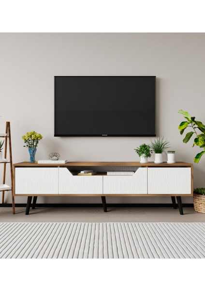 Roma Ahşap Ayaklı Tv Ünitesi Tv Sehpası Ceviz-Beyaz