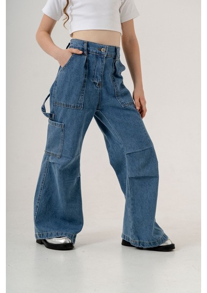 Kız Çocuk Cep Pileli Kot Pantolon G2149