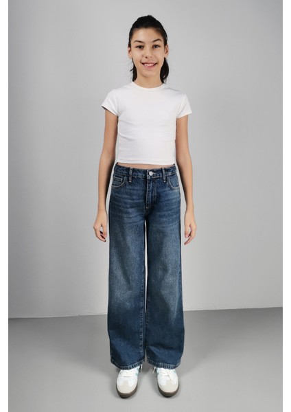 Kız Çocuk Yüksek Bel Cotton Palazzo Jean Pantolon