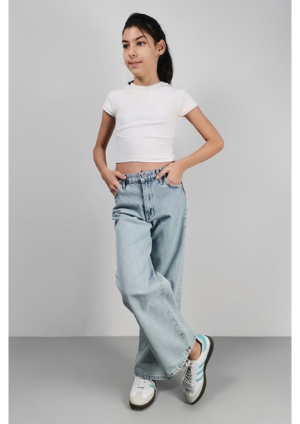 Kız Çocuk Yüksek Bel Cotton Palazzo Jean Pantolon