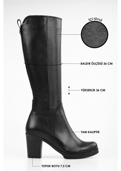 Kadın Daen Siyah Deri Topuklu Çizme modelleri