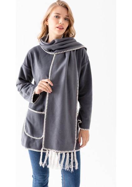 Kadın Füme Atkılı Takım Kenarları Nakışlı Uzun Kol Polar Hırka