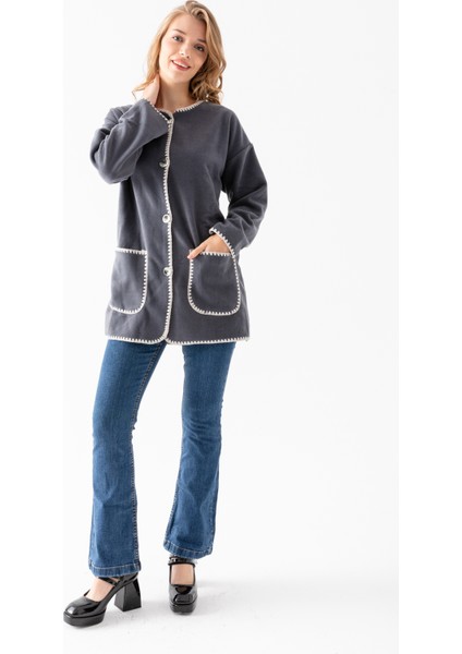 Kadın Füme Atkılı Takım Kenarları Nakışlı Uzun Kol Polar Hırka fiyatları