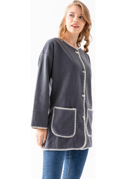 Kadın Füme Atkılı Takım Kenarları Nakışlı Uzun Kol Polar Hırka modelleri