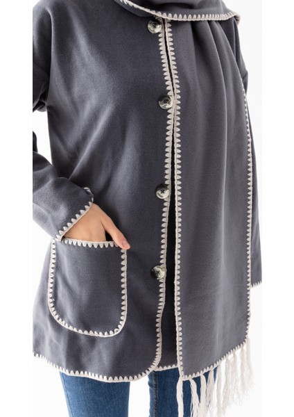 Kadın Füme Atkılı Takım Kenarları Nakışlı Uzun Kol Polar Hırka fırsatları