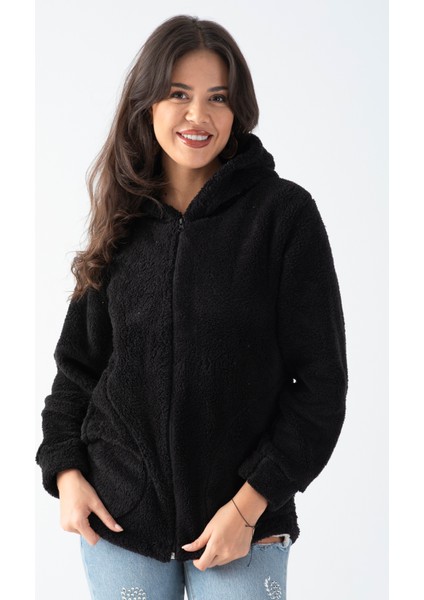 Kadın Siyah Kapüşonlu Peluş Ceket