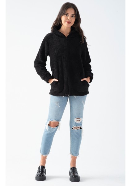 Kadın Siyah Kapüşonlu Peluş Ceket fiyatları
