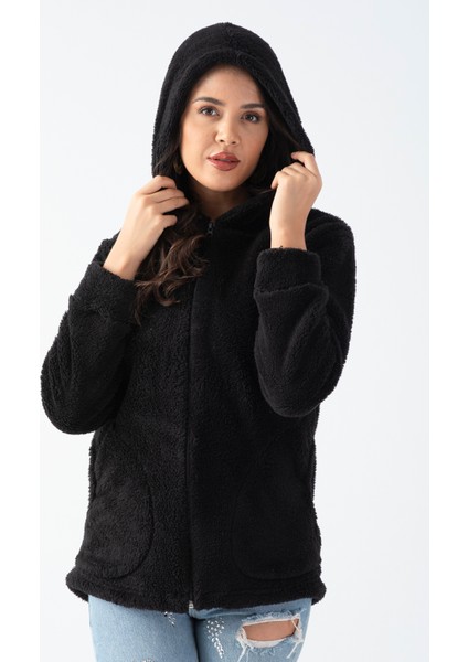 Kadın Siyah Kapüşonlu Peluş Ceket indirimleri