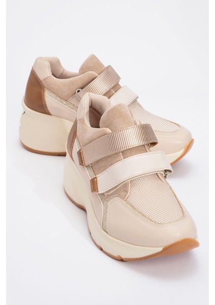 Berge Bej Rose Kadın Cırtlı Dolgu Taban Spor Sneakers