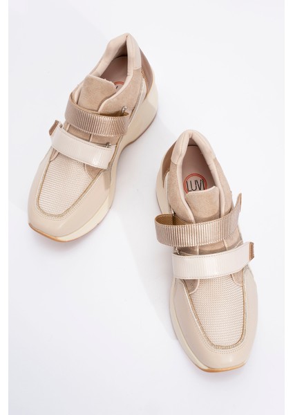 Berge Bej Rose Kadın Cırtlı Dolgu Taban Spor Sneakers