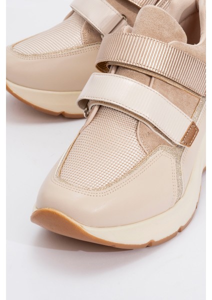 Berge Bej Rose Kadın Cırtlı Dolgu Taban Spor Sneakers