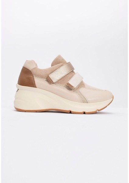 Berge Bej Rose Kadın Cırtlı Dolgu Taban Spor Sneakers