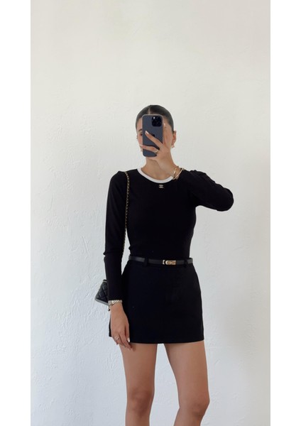 Likralı Uzun Kol Siyah Basic Triko