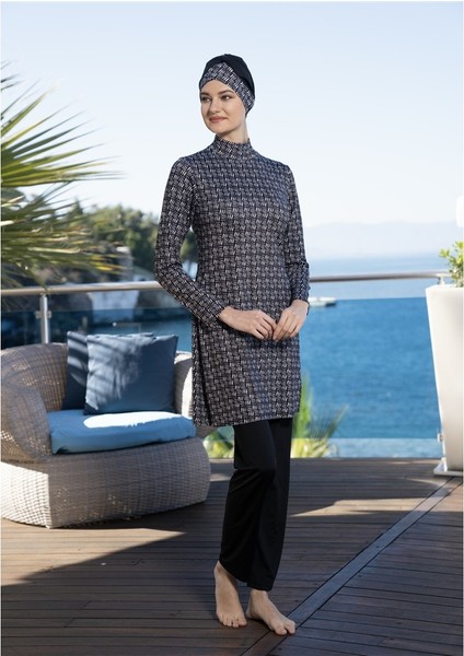 Boneli Dijital Baskı Boneli Tam Kapalı Tesettür Mayo