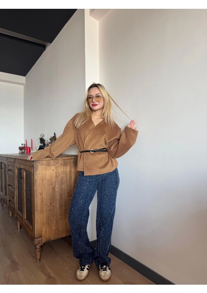 Kadın Kemerli Kaşe Hırka Camel fırsatları
