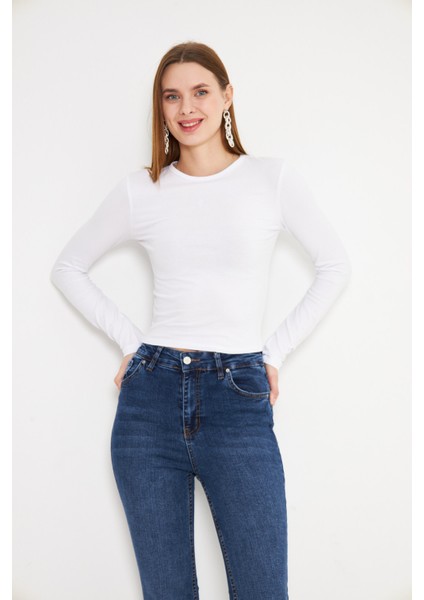 Crop Uzun Kol Elastanlı Tişört Beyaz
