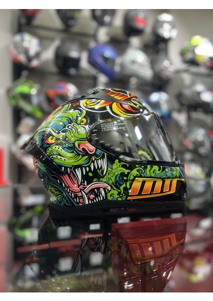 801 Azure Yeşil Turuncu Kapalı Kask Ayna Vizörlü