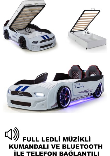 Kapıları Açılan Mustang Full Ledli Kumandalı ve Müzikli Bazalı Arabalı Yatak