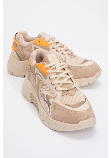Duja Bej Turuncu Multi Fileli Kadın Kalın Taban Spor Sneakers