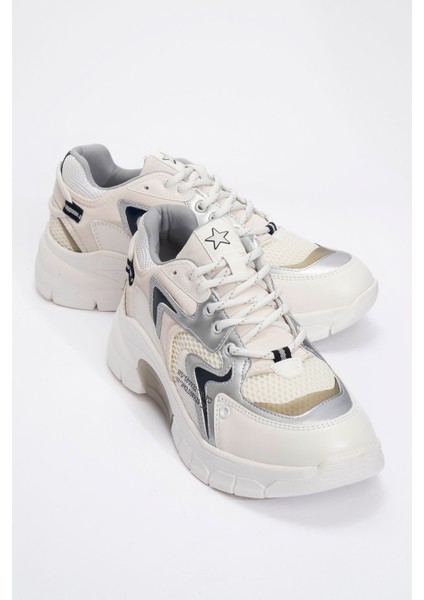 Duja Beyaz Gümüş Multi Fileli Kadın Kalın Taban Spor Sneakers